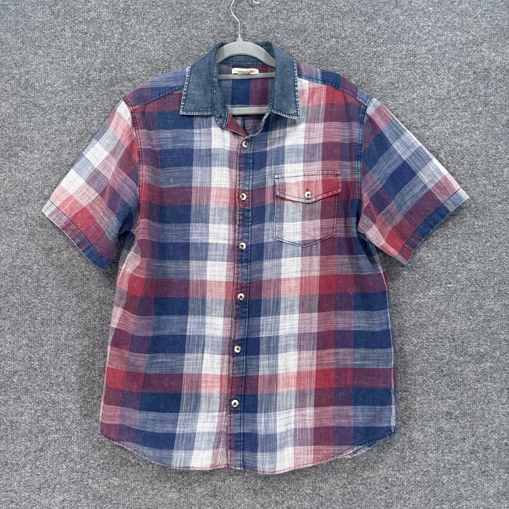 Carbon 2 Cobalt Shirt Mens Medium Red Plaid Denim Collar Cotton Button Up Soft